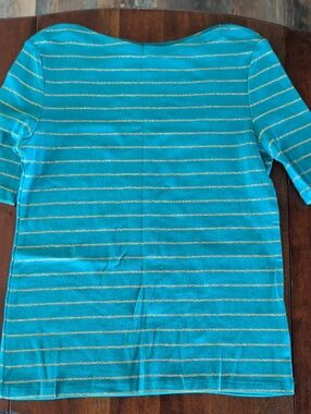 Charter Club Teal Short Sleeve Knit Top with Gold Stripe Detail